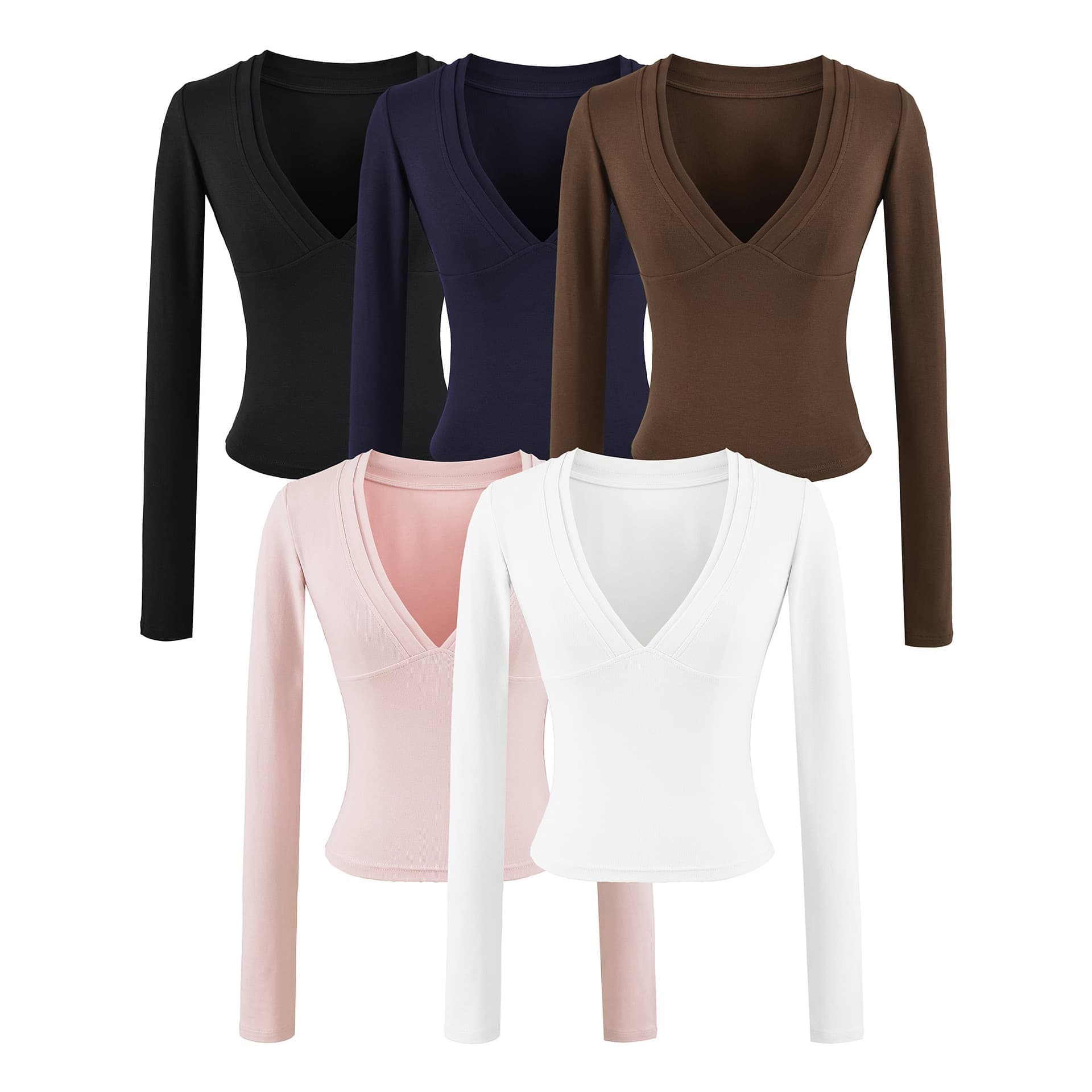 Baddie Style Basic Deep V-Neck Sexy Low-Cut Long-Sleeve T-Shirt Slim Fit Base Layer Cropped Waist-Cinching Tight Crop Top