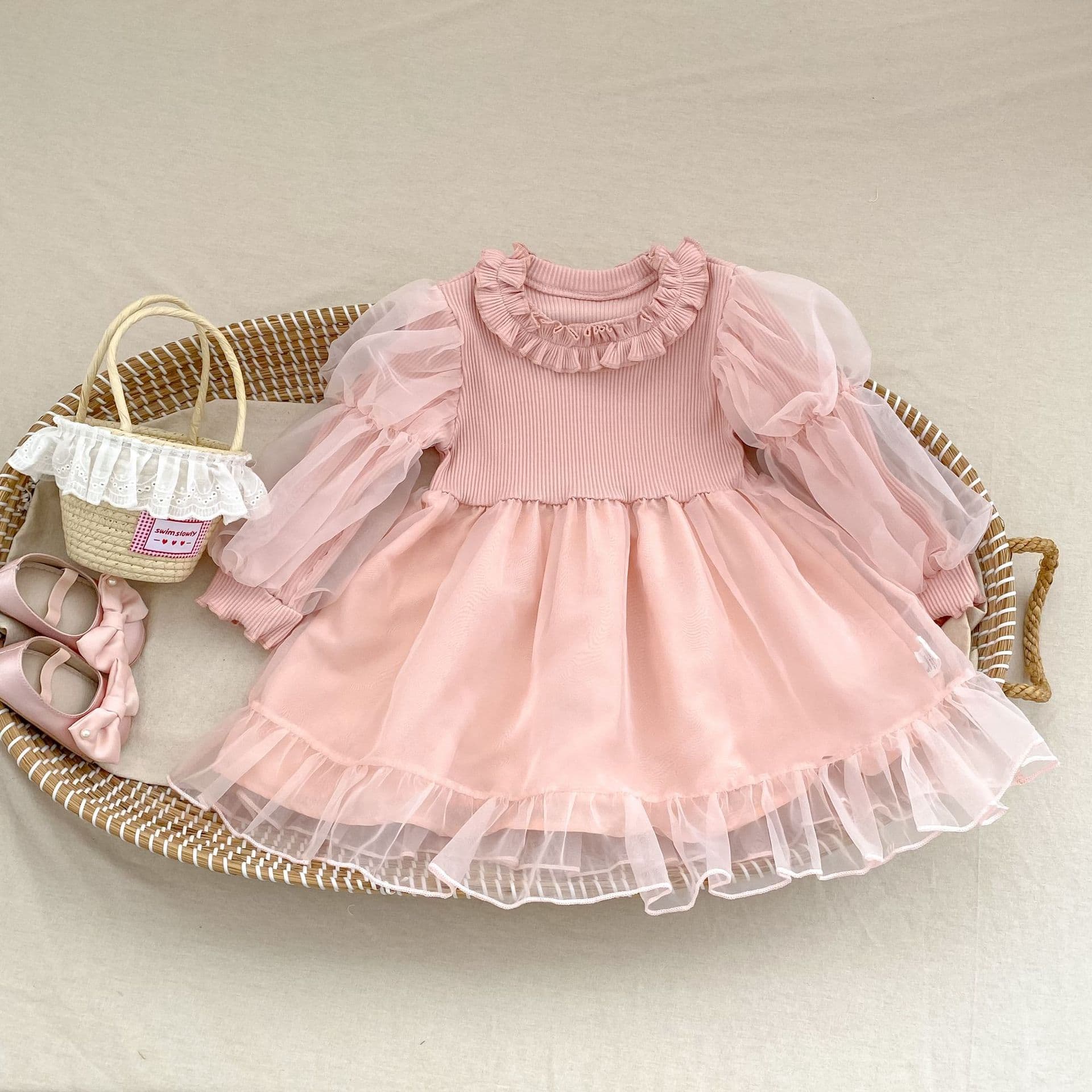 Sister Set Girl Korean Style Chic Mesh Long Sleeve Dress Baby Girl Trendy Children Puff Sleeve Princess Dress