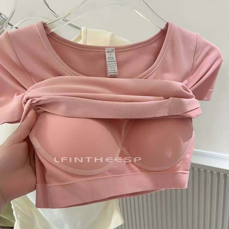 Ice Cream Ruffle Bubble Slimming Seamless V-Neck Short-Sleeve Sports Fixed Cup Pad Yoga Wear Fitness Top for Women with Padded Bust