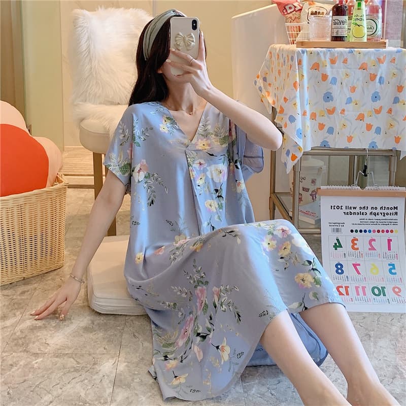 Women's Cotton Silk Sleep Dress Summer New Short Sleeve Cartoon Print Pajamas Korean Loose Plus Size Cotton Silk Homewear Thin
