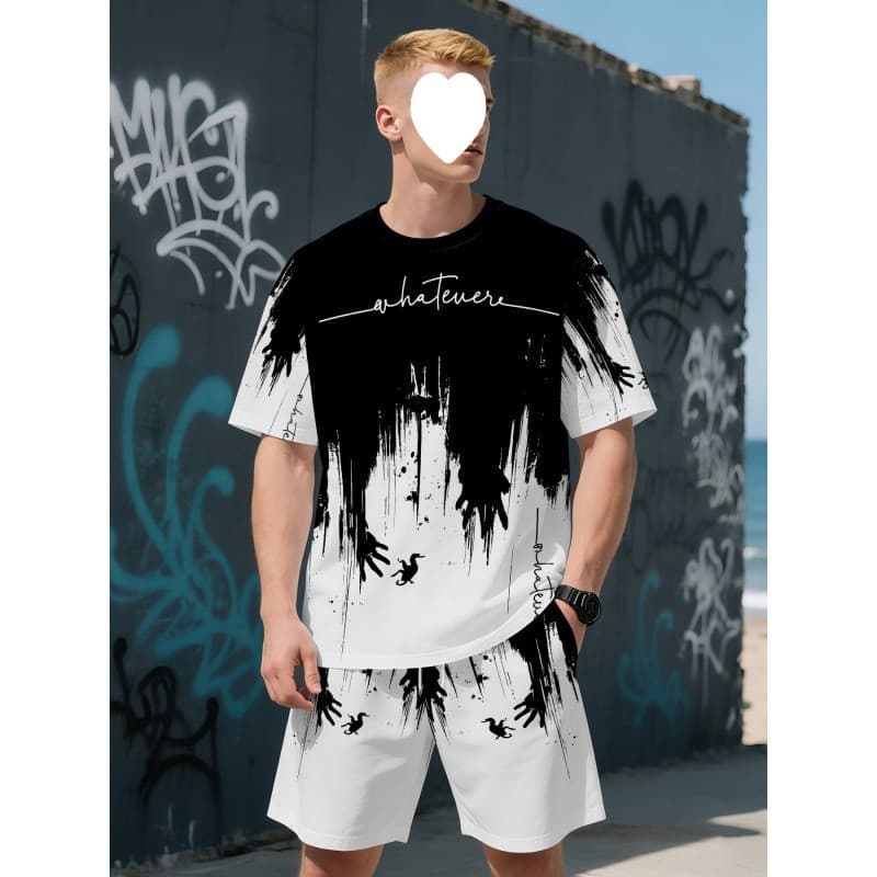 2026 New Casual Sports Short Sleeve T-Shirt for Men Summer New Gradient Letter Round Neck T-Shirt and Shorts Set