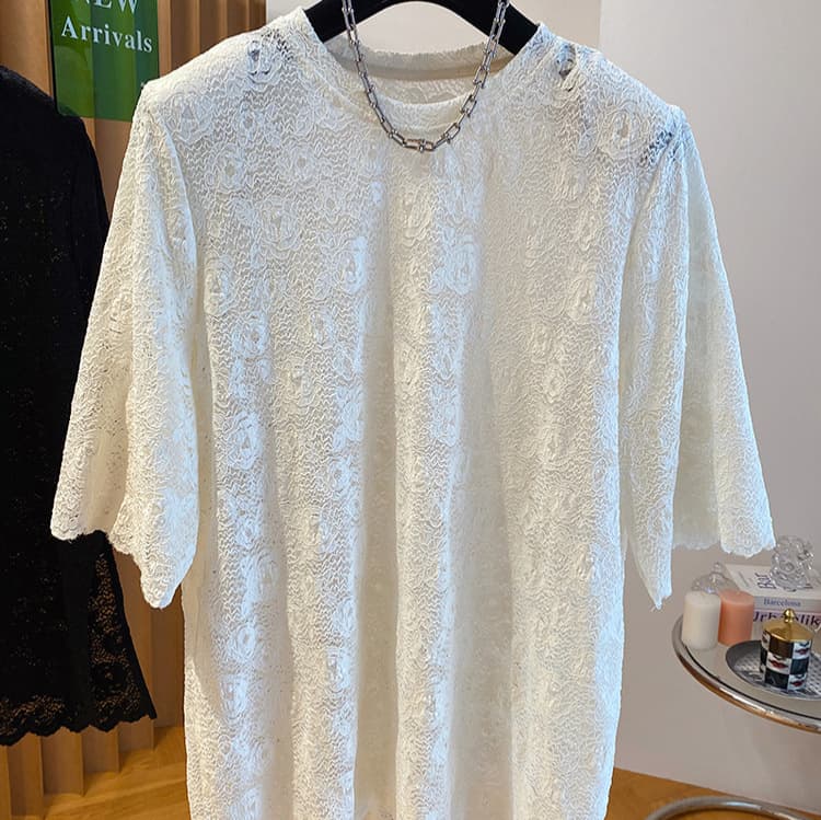 1283# [Lace] Trendy Crochet Lace Shirt T-Shirt for Women Summer Premium Casual Round Neck Short Sleeve Top