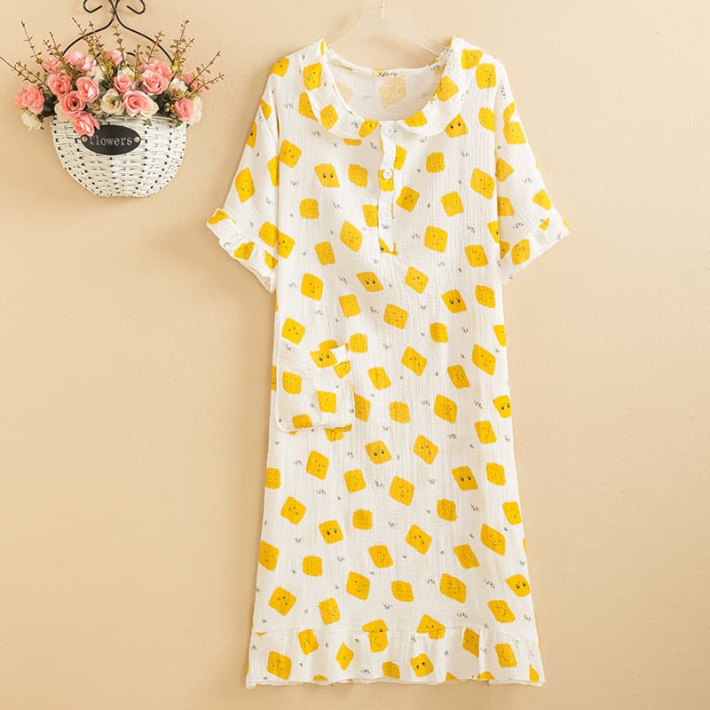 Summer Women's Short Sleeve Veil Nightgown Sleepwear Loungewear Plus Size Loose Drop Shipping Cartoon Floral Collar Factory Direct