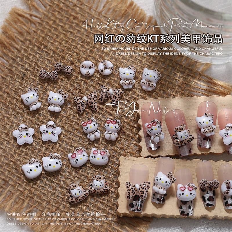 Leopard KT Cat Nail Art Accessories Cartoon Hello Kitty Cat Bow Maillard Colored Nail Accessories