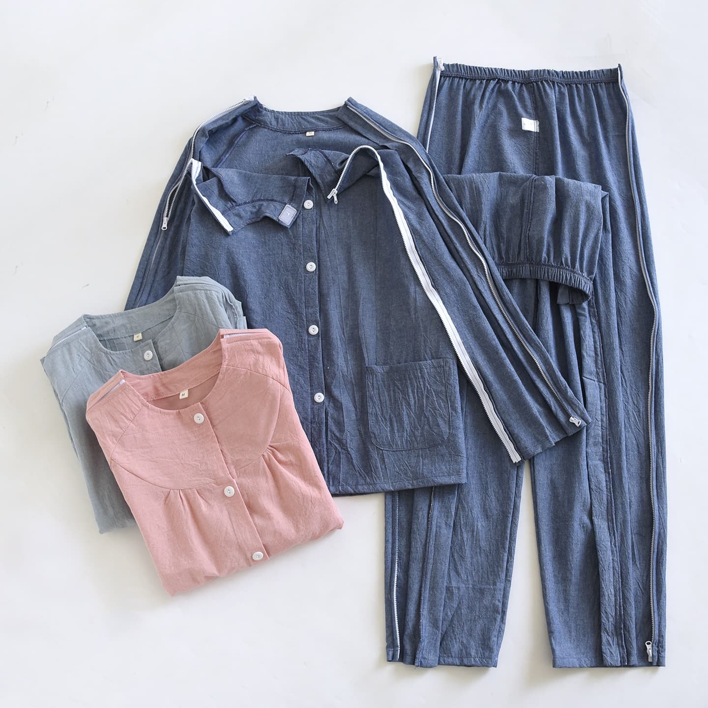 Men's and women's yarn-dyed cotton spring and summer nursing clothing for post-operative acupuncture and physical therapy for fractures, bed-ridden, easy-to-put-on and take-off pajamas for the elderly