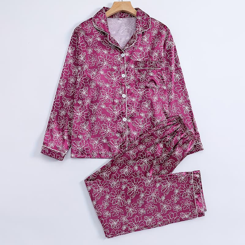 Cross-border Amazon Pajamas Satin Loungewear for Women, Faux Silk Long-Sleeve Cardigan Women's Pajama Set for Autumn and Winter