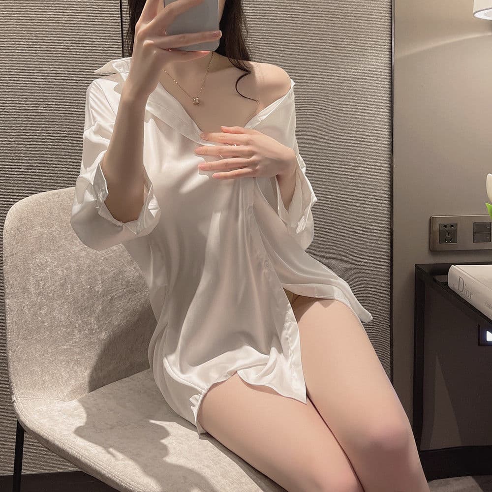Erotic Lingerie Sexy Premium Ice Silk Plus Size Boyfriend Style White Shirt Loose Slimming Hot Flirting Homewear Women