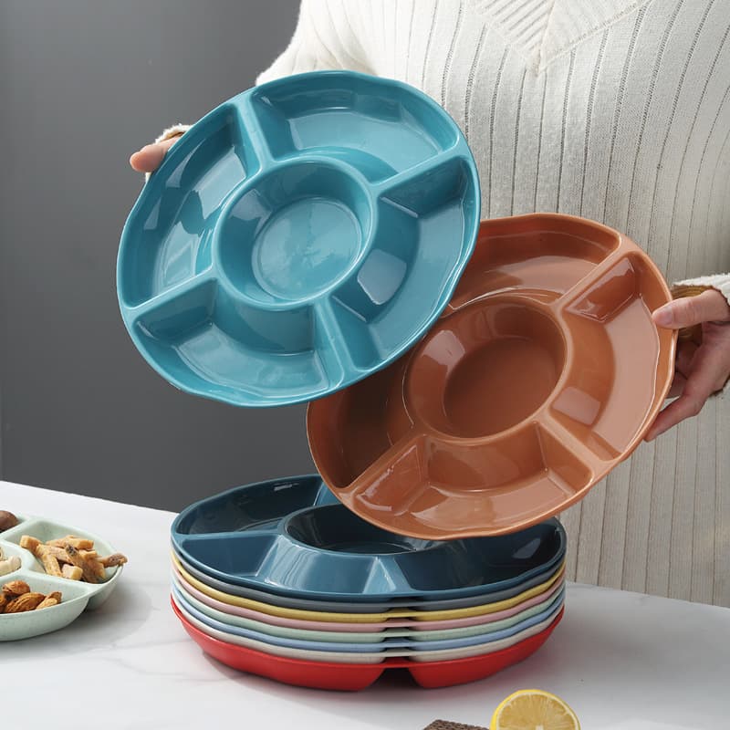 Wheat Straw Five-Part Flower-Shaped Candy Dish Nut Snack Fruit Plate Round Nut Storage Plate Kitchen Tableware Fruit Basket
