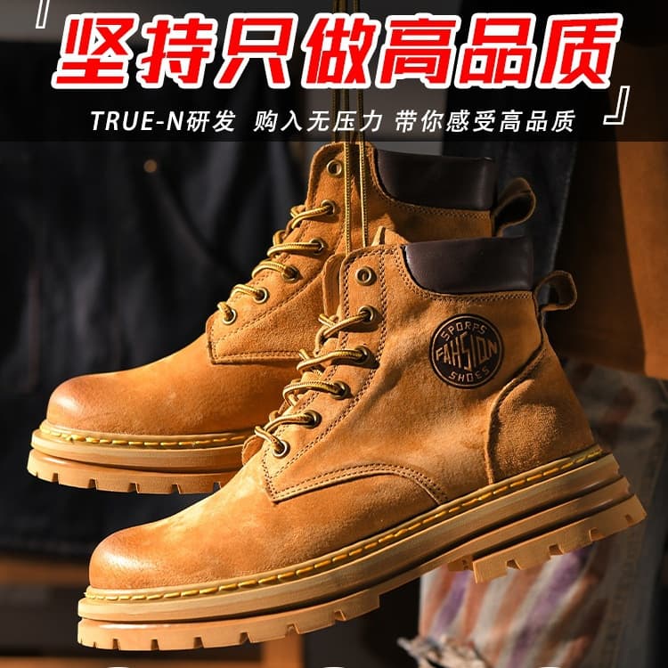Men's Martin Boots 2025 New Genuine Leather Big Yellow Women's Trendy Shoes British Style High and Mid-Top Work Boots Winter Fleece-Lined Men's Shoes