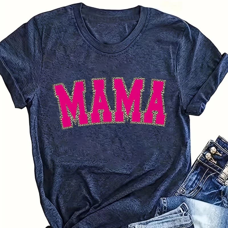 Retro Retro Leopard Mom T-shirt Mother Classic Mother's Day Gift Flower Bow Cute Mom Sailor Neck Short Sleeve T-Shirt