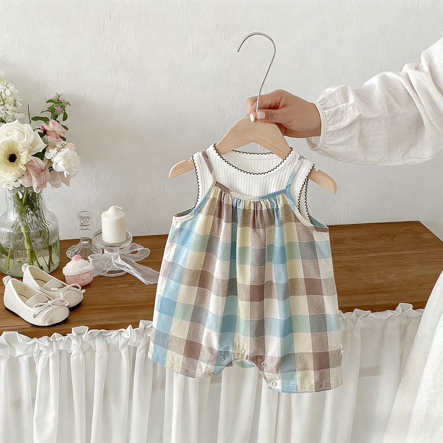 Dianxi summer new Korean style cute plaid overalls set baby casual vest jumpsuit two-piece set trendy