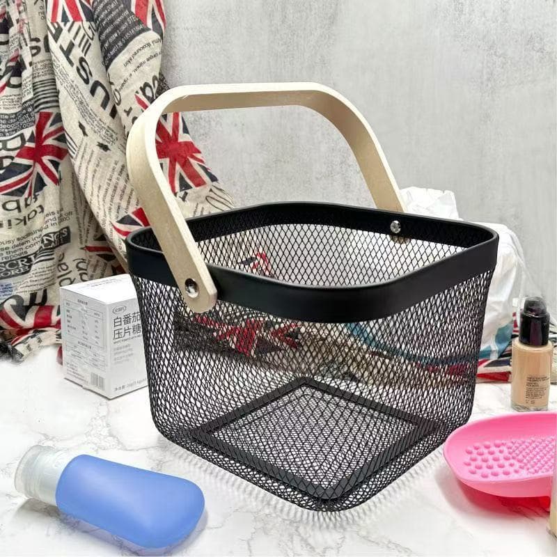 Nordic Wooden Handheld Storage Basket with Wooden Handle, Fruit and Vegetable Basket, Household Hollow Storage Basket, Kitchen Draining Basket