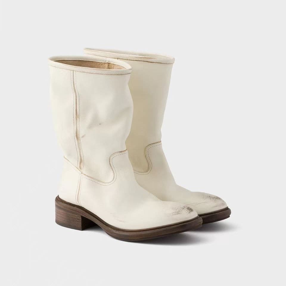 2026 Summer New Milk White Wipe Mid-Calf Boots, Distressed Stack Boots, Cowhide Chunky Heel Versatile Trendy Boots for Women