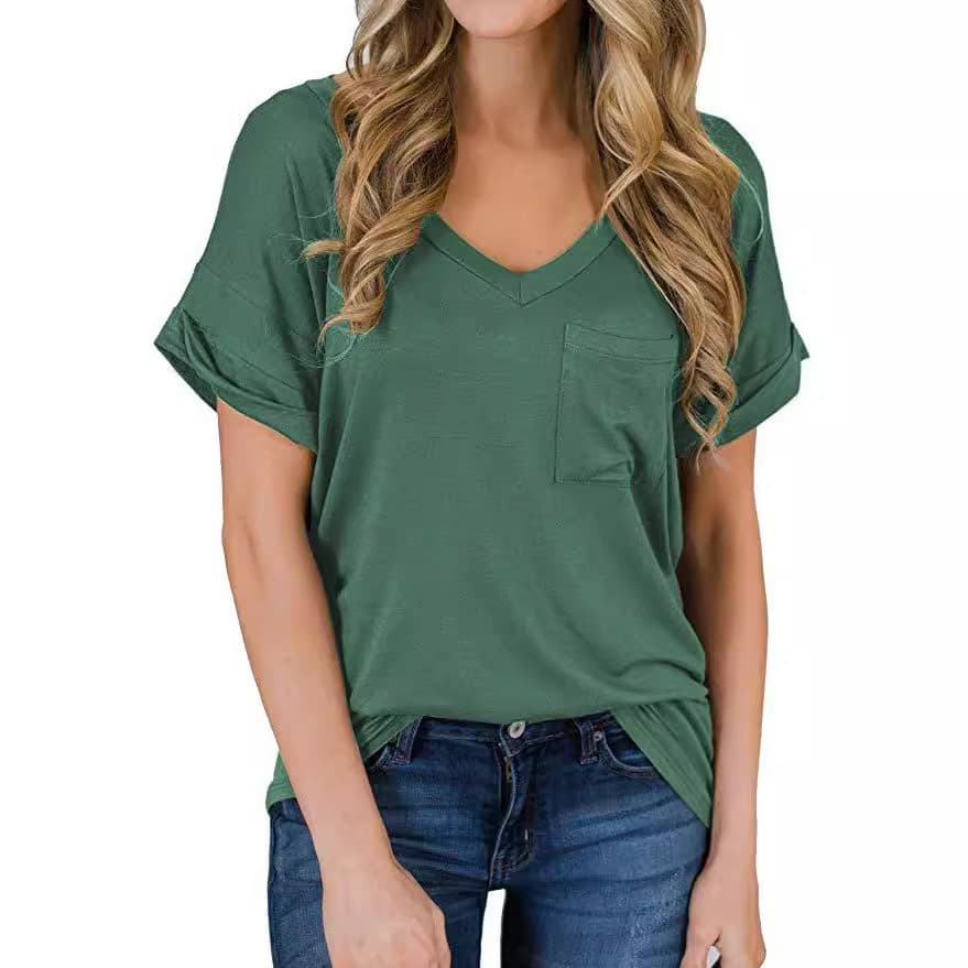Amazon Women's Clothing 2022 Spring and Summer V-Neck Pocket T-Shirt, European and American Cross-Border Rolled Sleeve Loose Top