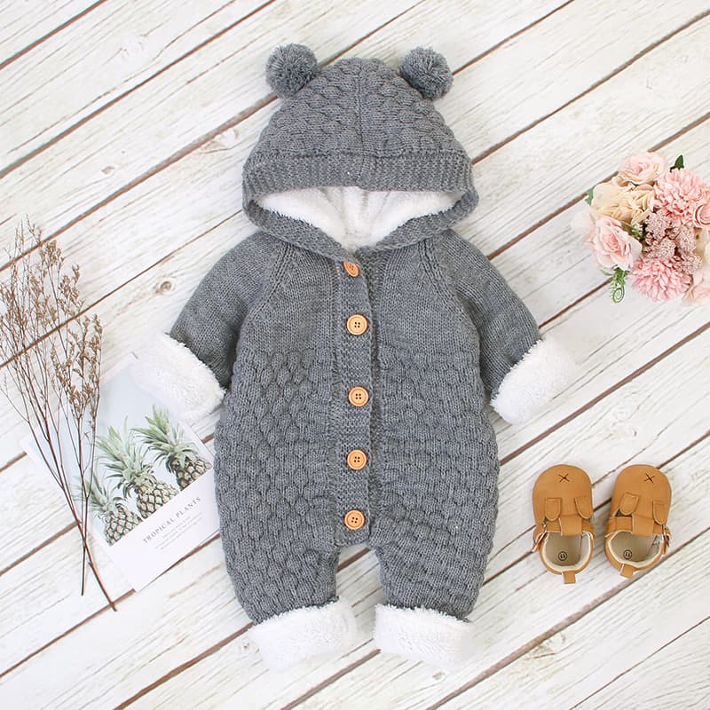 Ins Hot-Selling Fleece-Lined Thickened Kids 3D Pom-Pom Hooded Knit Jumpsuit