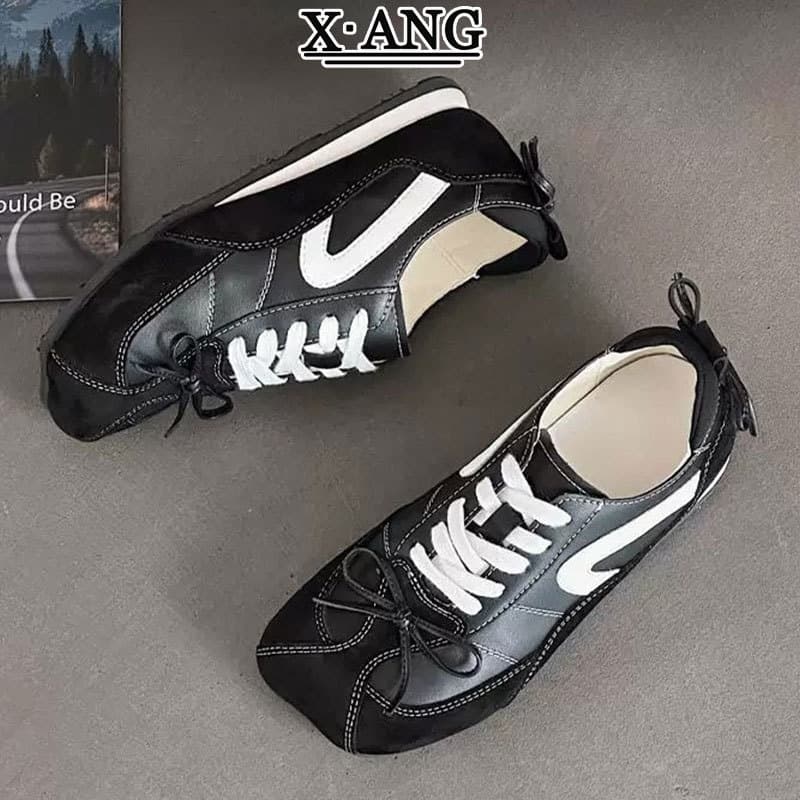 Leather Ballet Style Black German Training Shoes for Women, Soft Sole, Non-Fatiguing, White Sneakers, Lace-Up Agility Shoes, Athletic Shoes