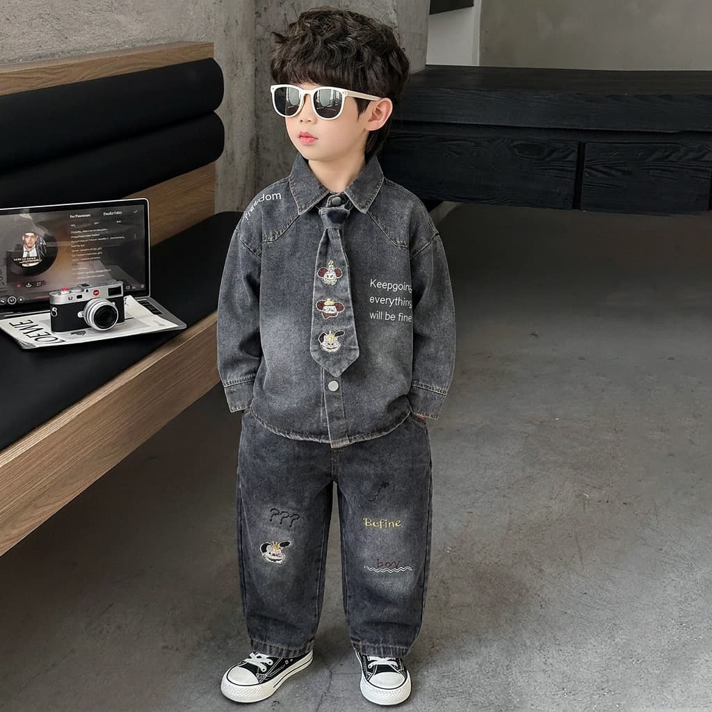 2026 this year's children's autumn denim jacket baby suit spring and autumn children's tie-dye tie denim three-piece set