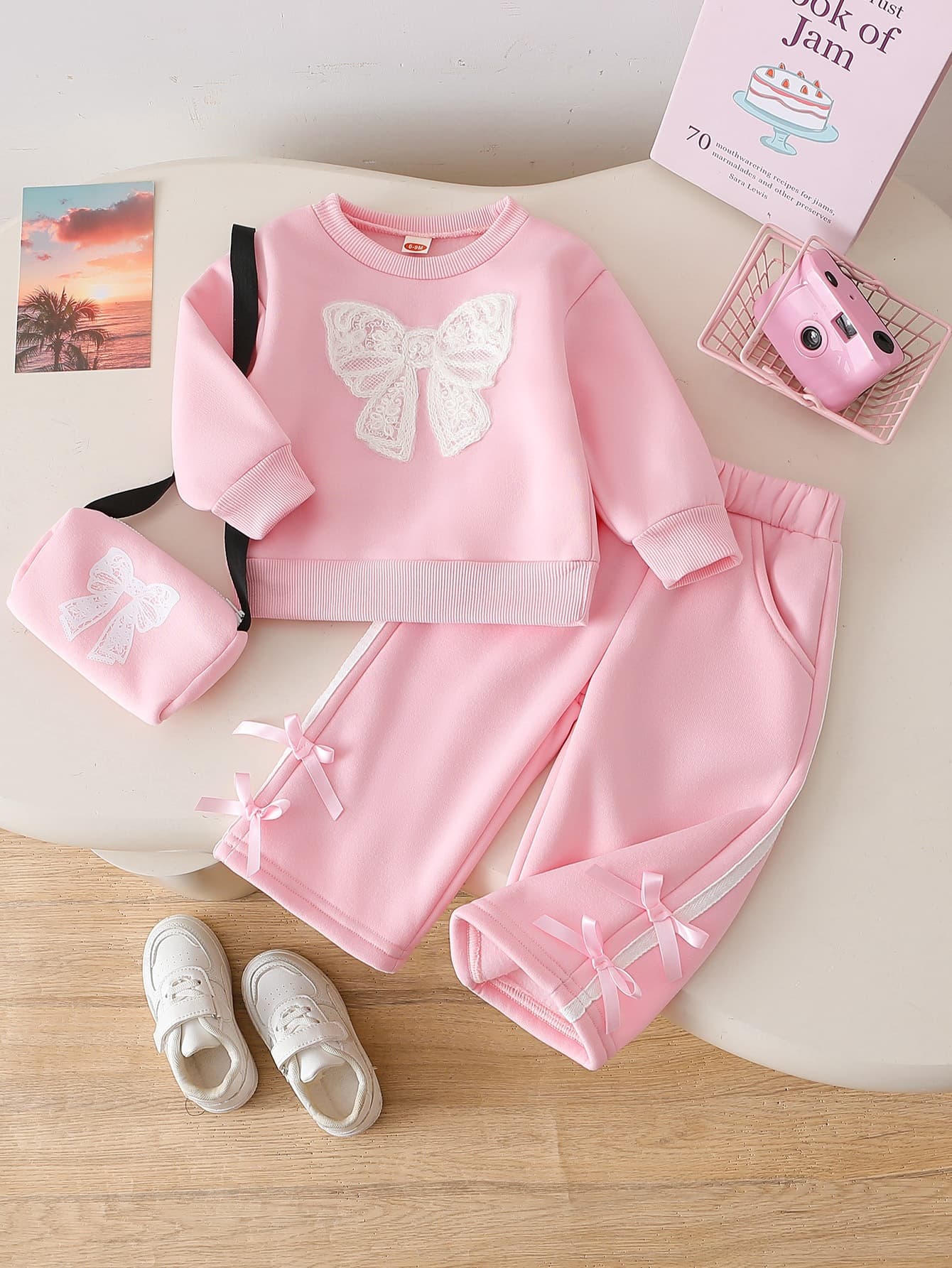 2026 cross-border hot sale autumn new bow sweatshirt round neck suit trousers sweatshirt three-piece set with bag