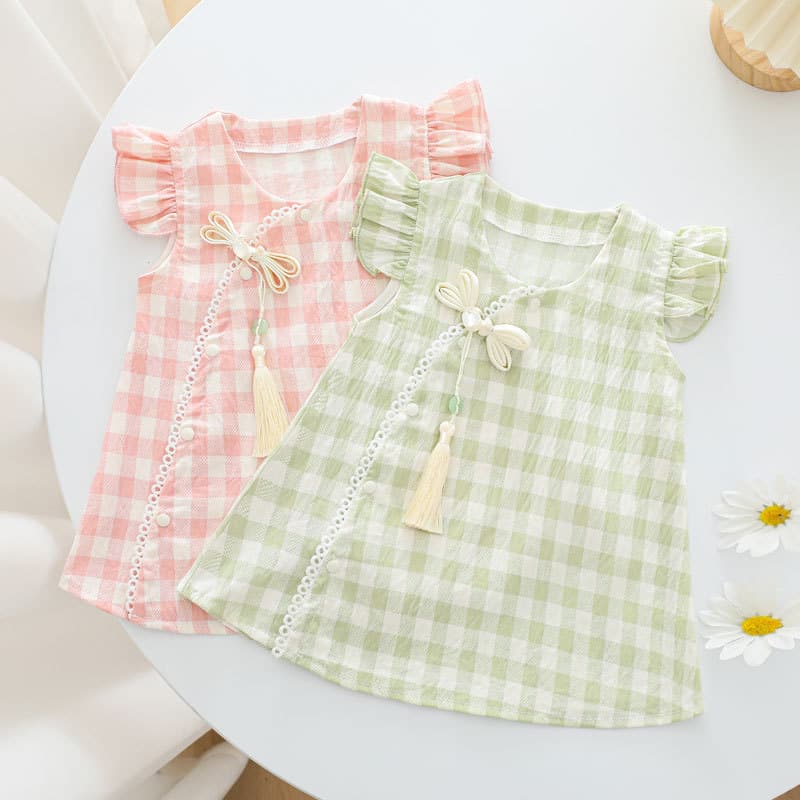Children's Summer New Yellow Checkered Sisters Girls' Shirred Dress Drop Shipping Cloud Cotton A-Line Dress