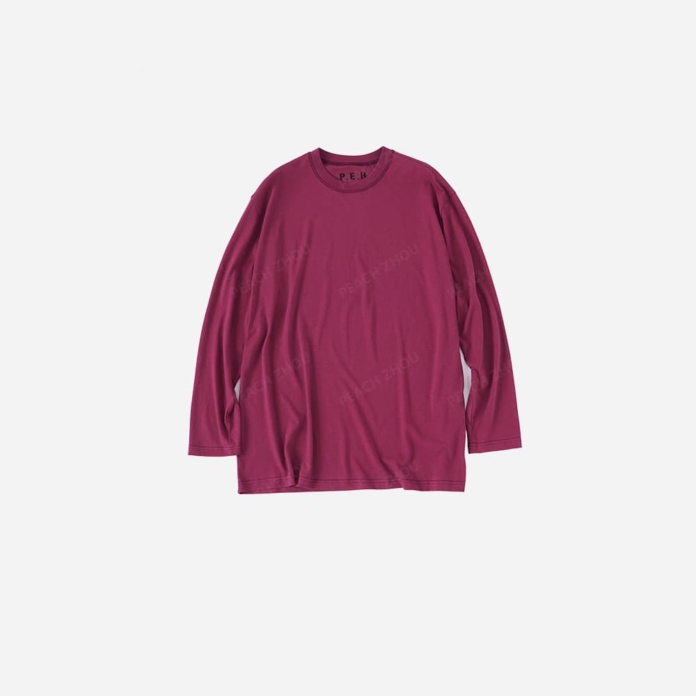 Off-White Plum Color Exposed Stitching Loose Drop Shoulder Round Neck Long Sleeve Oversized Relaxed T-Shirt