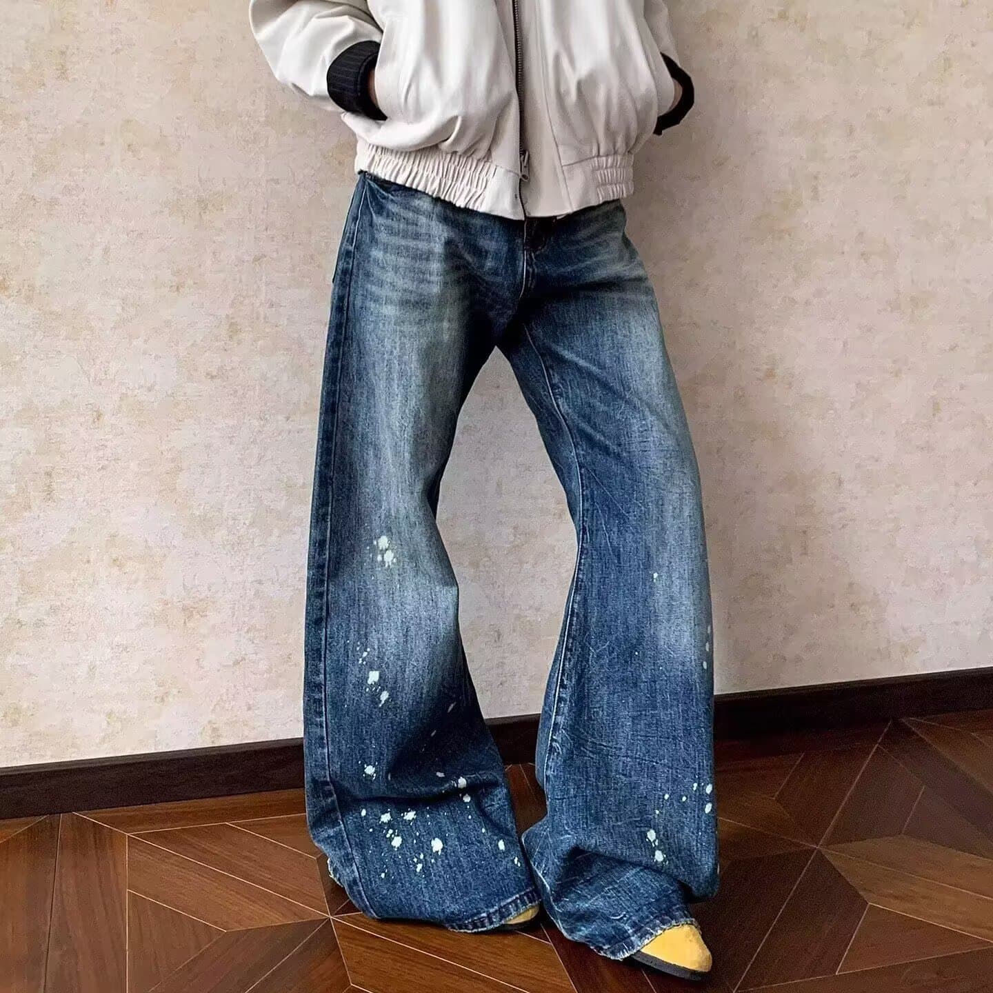 Factory direct sales splash-ink design old scimitar semi-elastic jeans for men and women high street loose slimming wide-leg pants