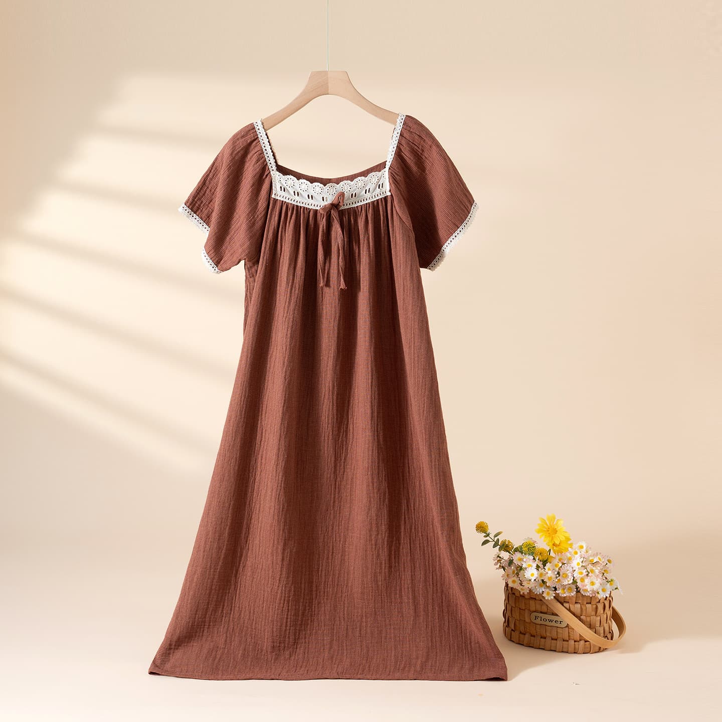 Square Collar Lace Cotton Nightgown Summer Thin Forest Girl Short Sleeve Dress Sweet Princess Style Wearable Home Dress