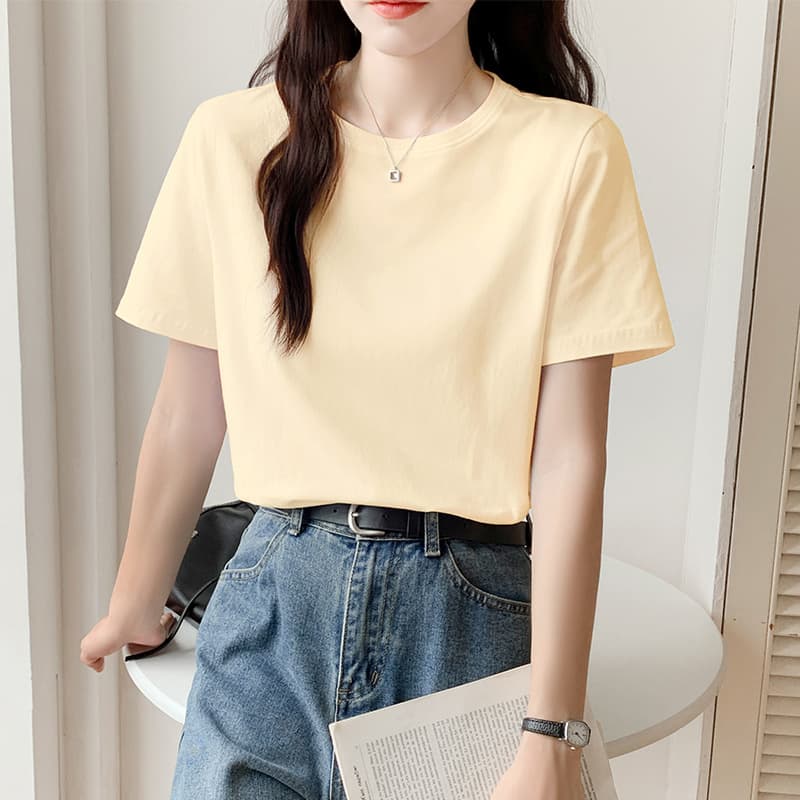 Cream Yellow T-Shirt for Women Short Sleeve Loose Cotton Regular Shoulder Top 2025 Spring Autumn New Inner Layering Tee