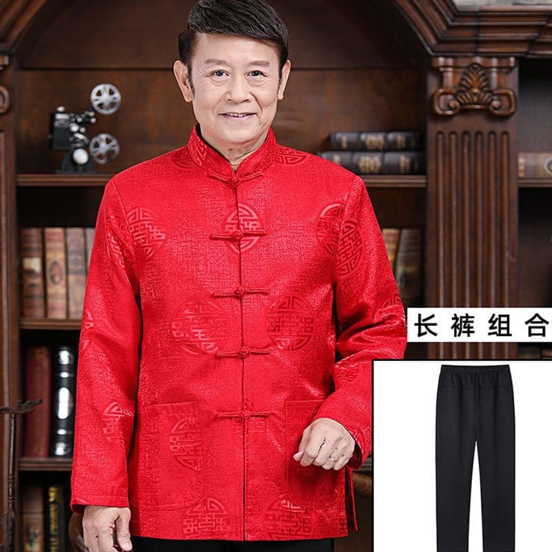 2025 New Chinese Style Dad's Tang Suit Men's Spring and Autumn Jacket for Middle-Aged and Elderly, Zhongshan Suit Elderly Hanfu Set