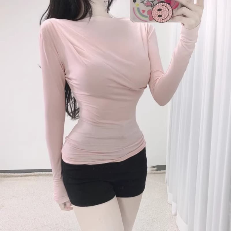 Korean Dongdaemun Spring New Style One-Shoulder Ruffled Waist-Nipping Slim Long-Sleeve Base Top, Pure Desire Style