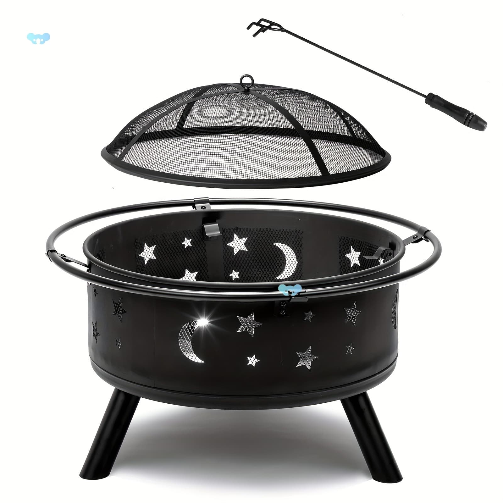 30-inch Round Black Metal Fire Pit with Star and Moon Cut-outs (Cross-border Item)