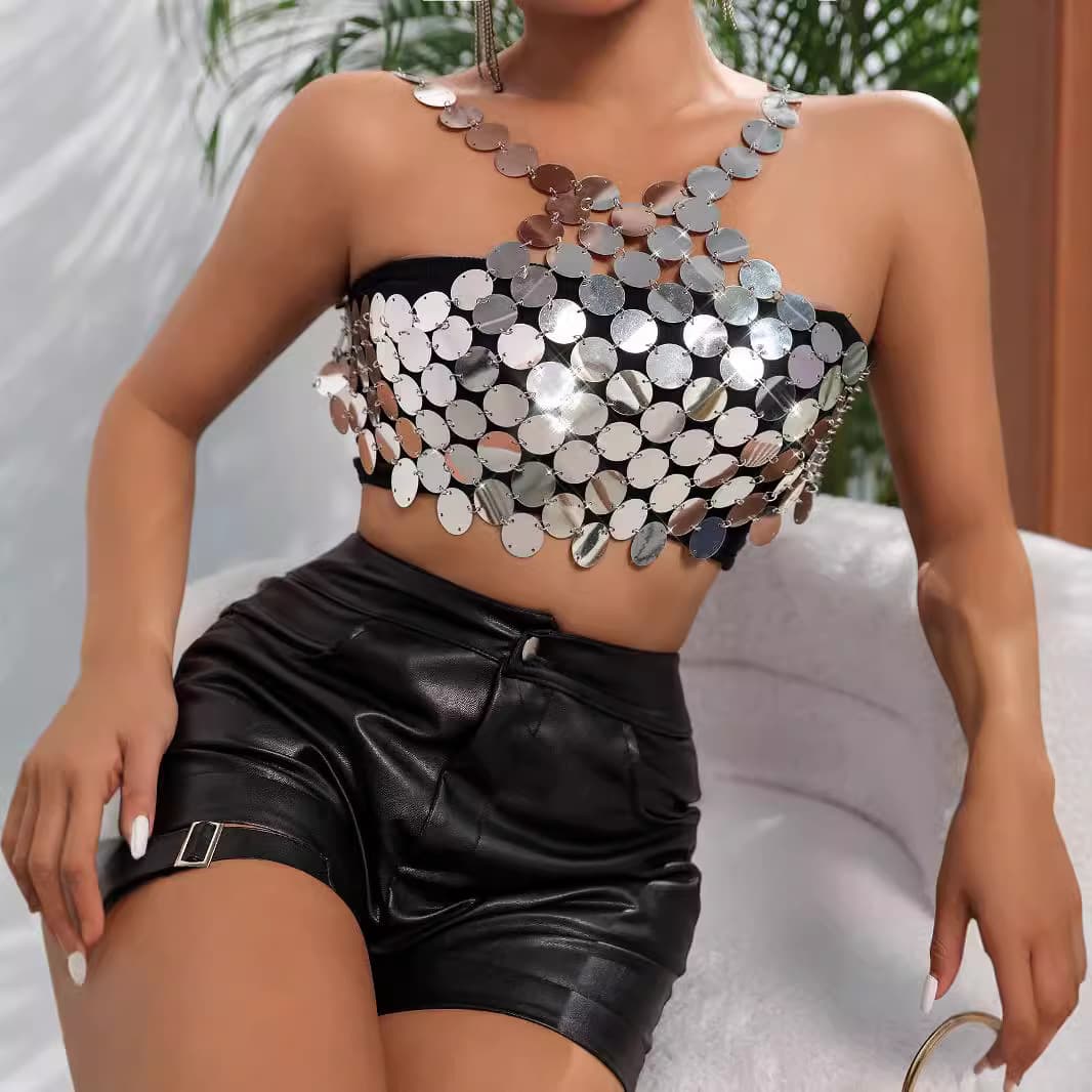 New Arrival Fast Selling Nightclub Sexy Beaded Solid Color Handmade Sequins Open-Back Vest Top XY23105