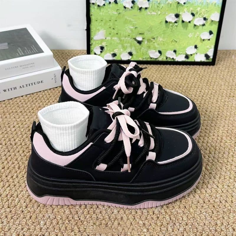 Black Pink Chunky Sneakers for Women Spring 2025 New Style, Thick Sole Casual Shoes for Skirts, Niche Original Versatile Board Shoes