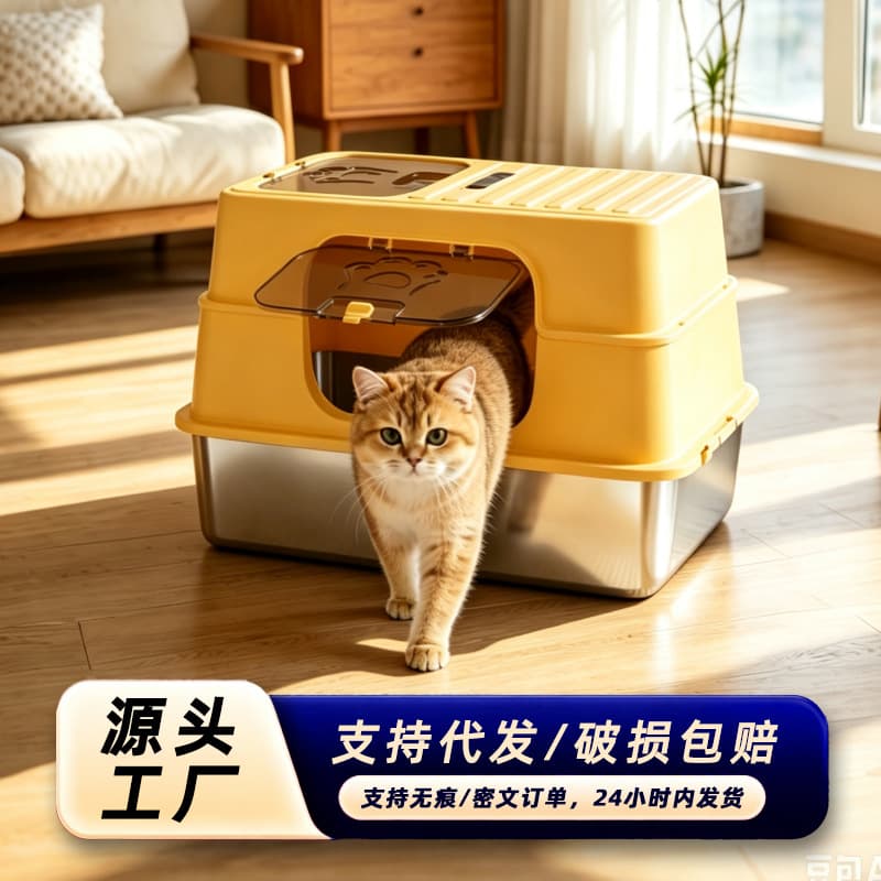 Jumbo Stainless Steel Enclosed Cat Litter Box Anti-Splash Odor Control Cat Toilet Cat Sand Box Cat Cleaning Supplies
