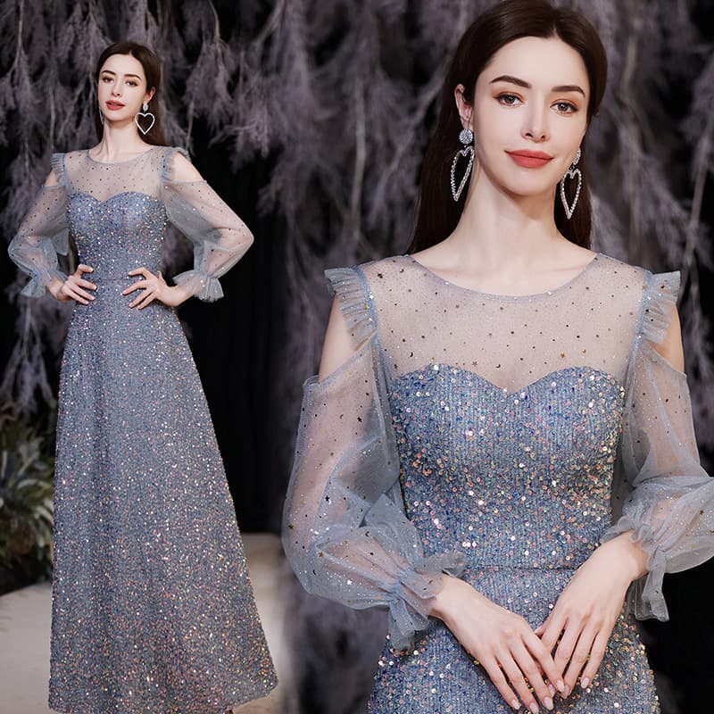 French Long-Sleeve Banquet Evening Gown Women 2026 Summer Autumn Runway Piano Performance Dress Host Annual Meeting Gown