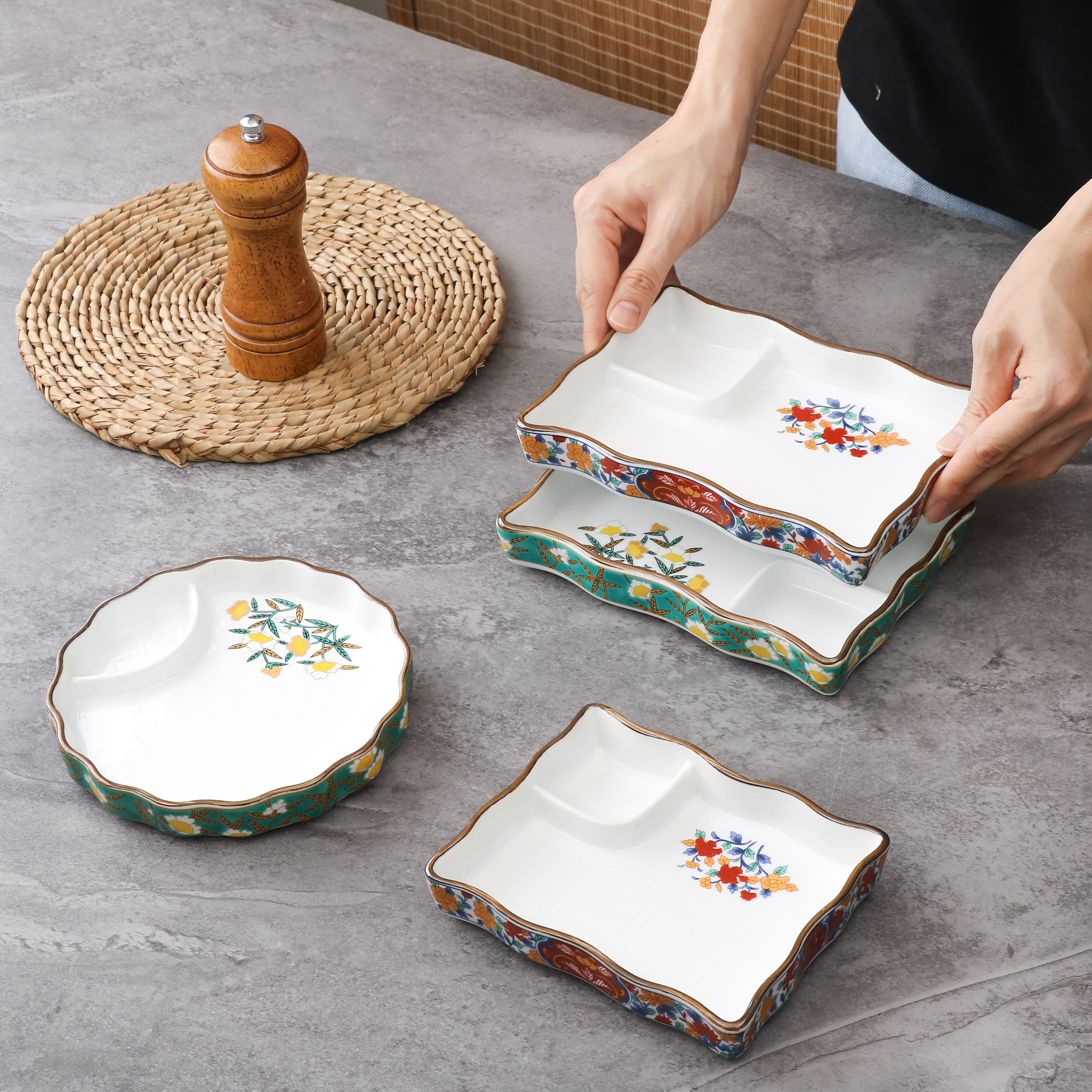Japanese Dumpling Plate, Divided Plate, Sushi Plate with Sauce Dish, Vinegar Dish, Vintage Fried Food Plate, Dim Sum Plate, Breakfast Plate
