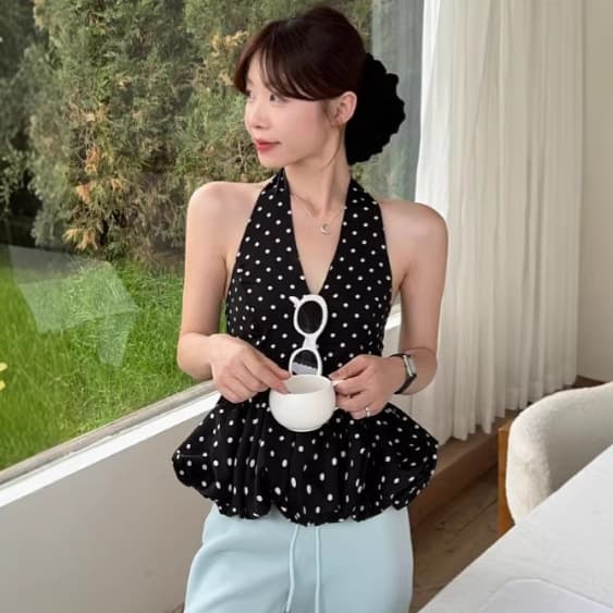 Sexy Sheer Back Halter Polka Dot V-Neck Vest Top for Women Summer Slim Stylish Layering Tee