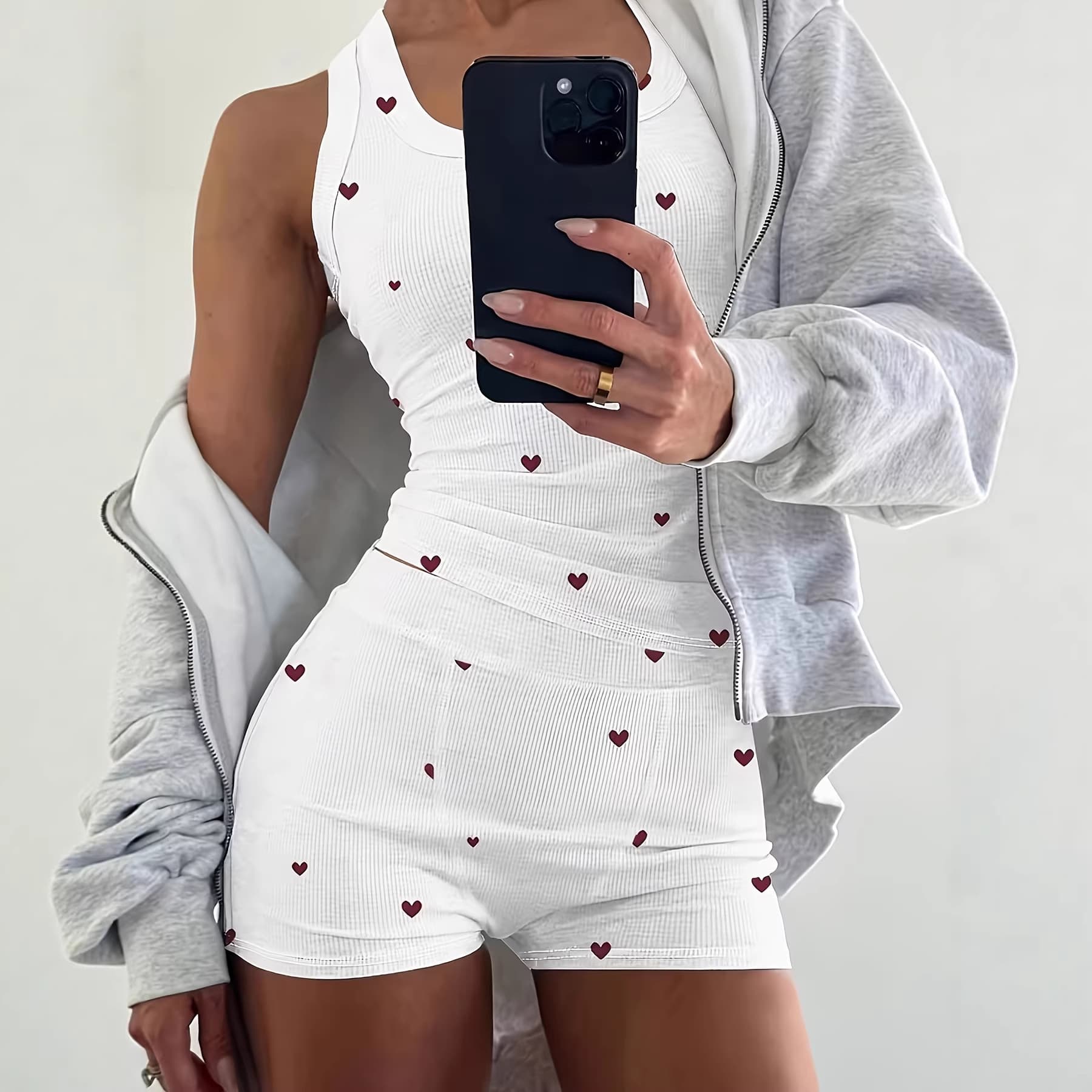 2 Pieces Pajamas Set U Neck Sleeves Summer Premium Texture Heart Print