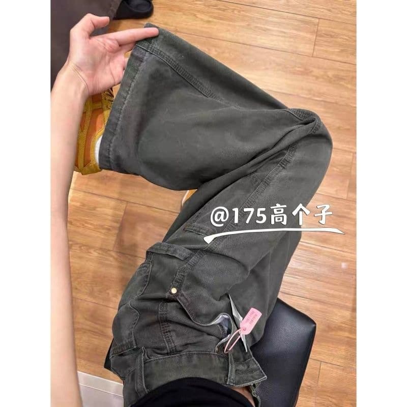 Wide-leg pants, high-waist loose fall plus size utility jeans for women, American military green vintage slim