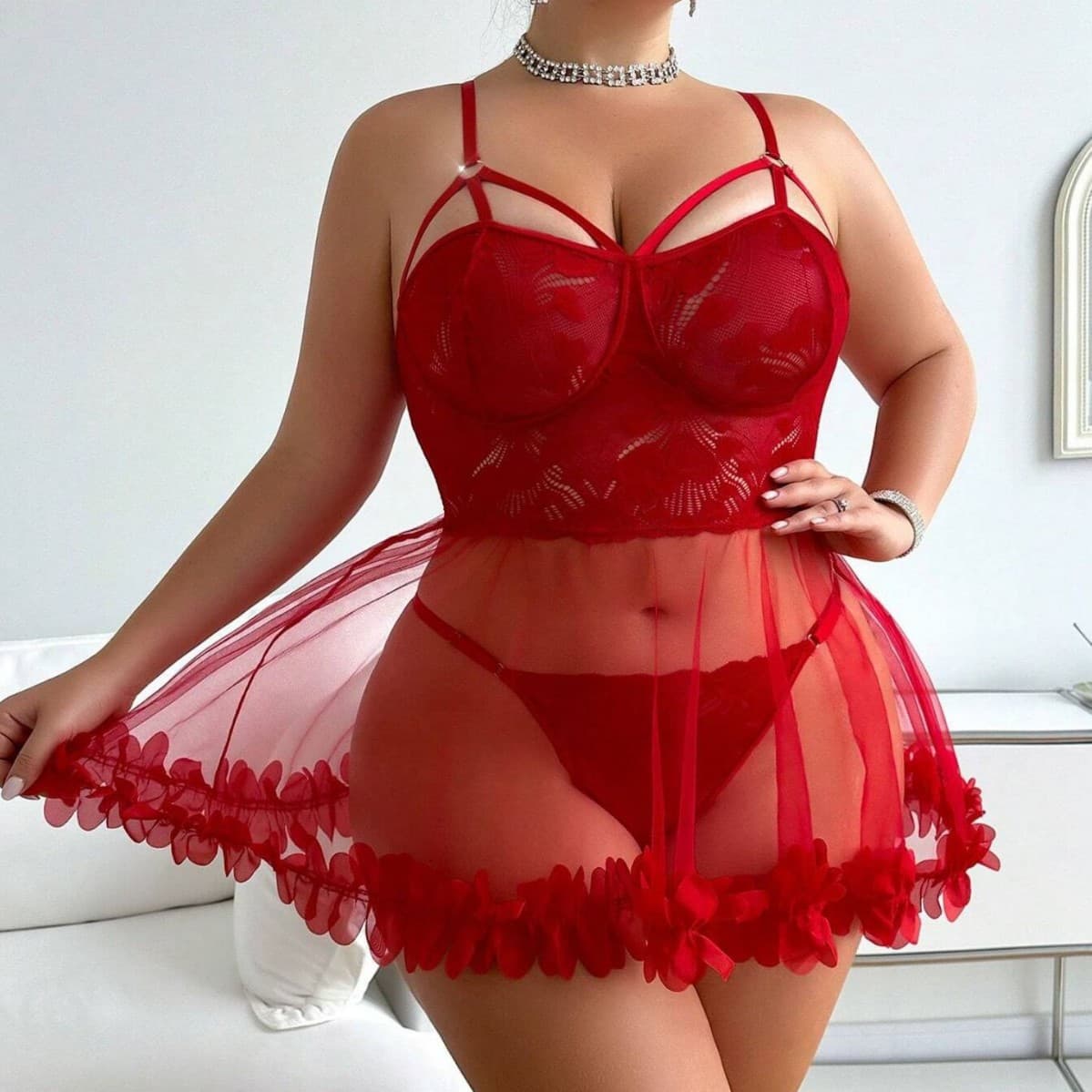 Valentine's Day Red Sexy Lingerie Lace Mesh Sheer Slip Dress with Thong Two-Piece Set for Women Hollow Out