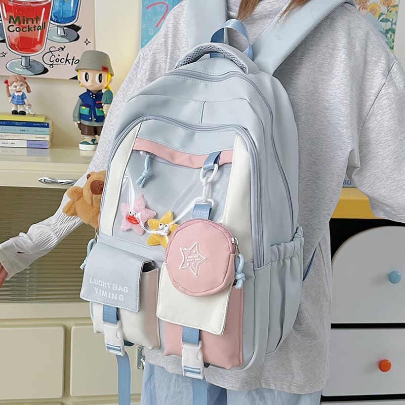 Japanese-style large-capacity versatile clear badge backpack, cute color-blocking school bag for middle and high school students