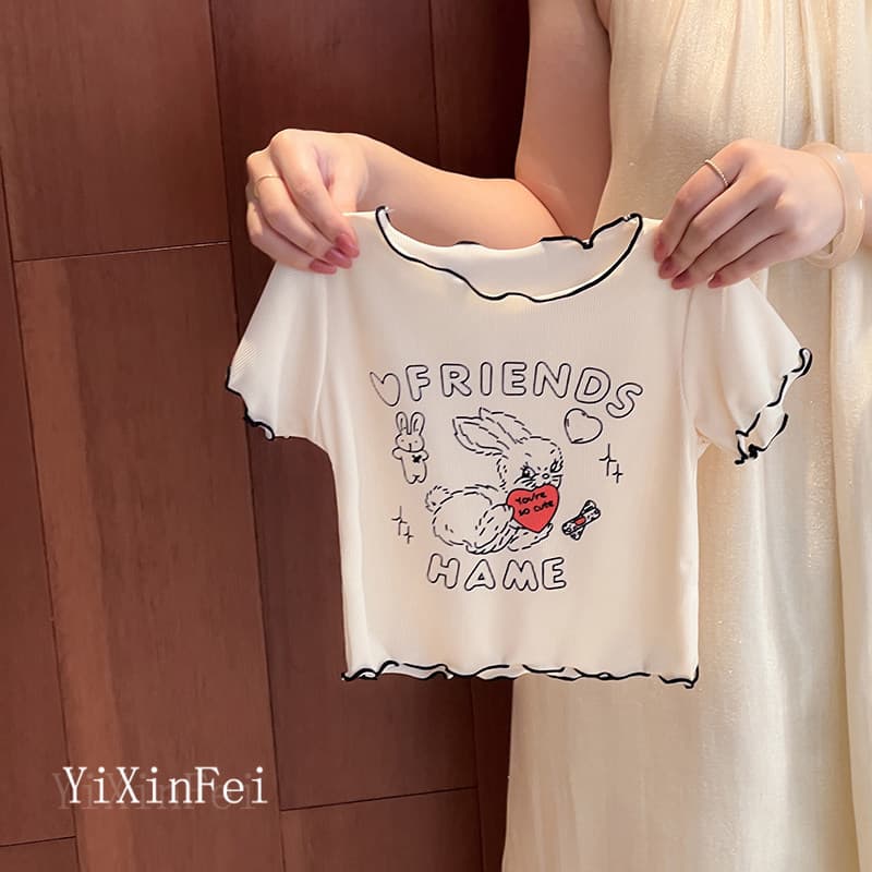 Girls' Cute Lace T-Shirt Summer 2026 New Style Sweet Cartoon Bear Print Short-Sleeved Children's Ice Silk Top