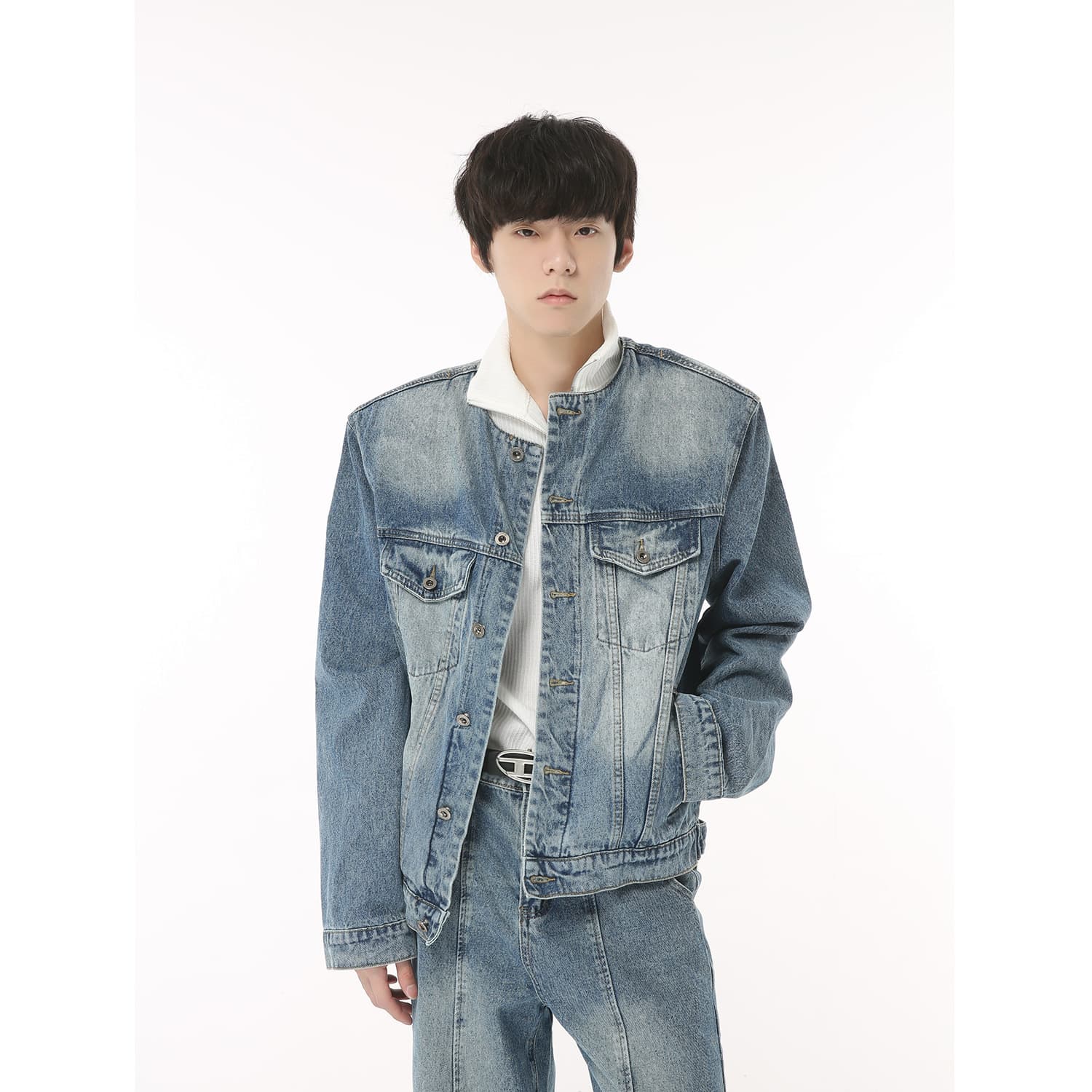 MTLCLOTHES Men's Clothing | 2023 New Arrival Shoulder Padded Collarless Denim Jacket Jacket Patchwork Pants Ins Suit
