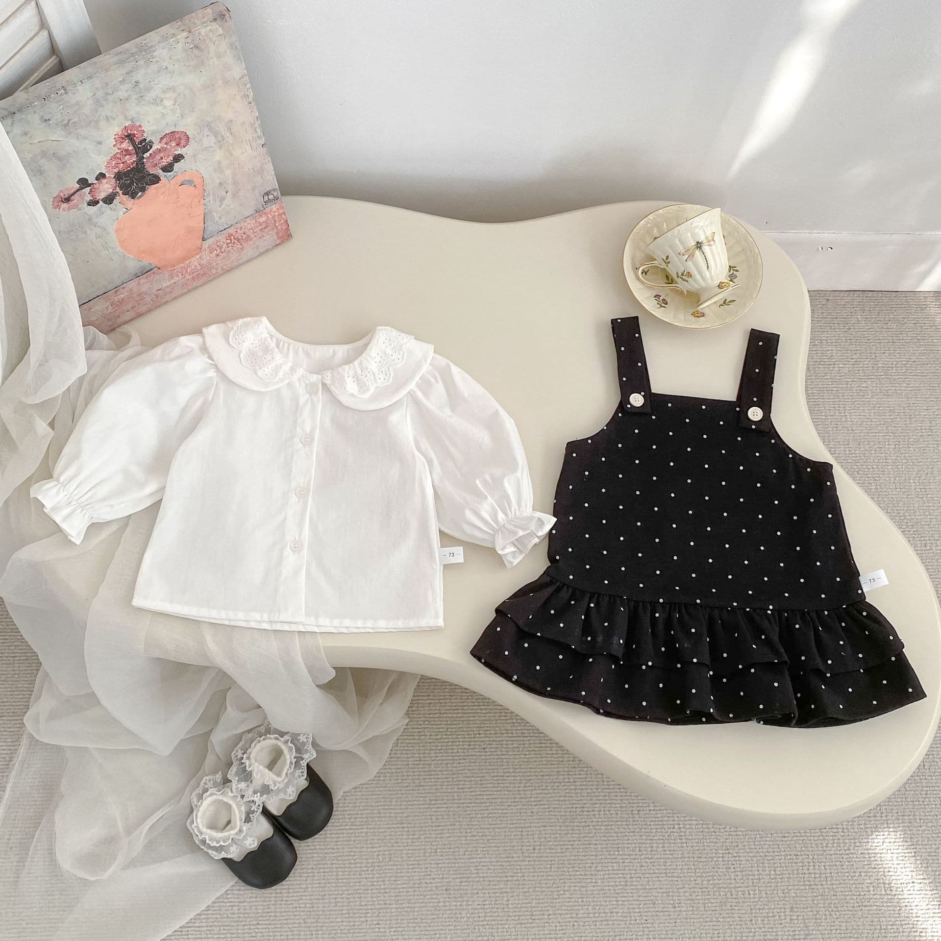 2026 Spring Baby Girl Set, Stylish Doll Collar Shirt with Polka Dot Ruffle Strap Dress Two-Piece Outfit