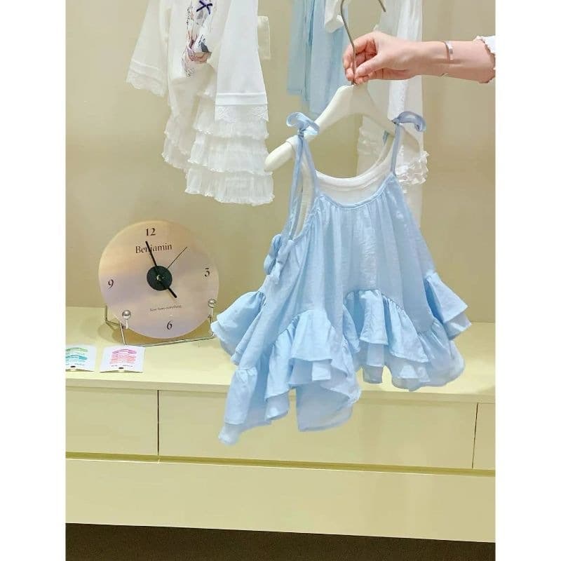 Baby girl lace tail suspender skirt 2026 summer Korean children's clothing girls light blue dress vest skirt trendy