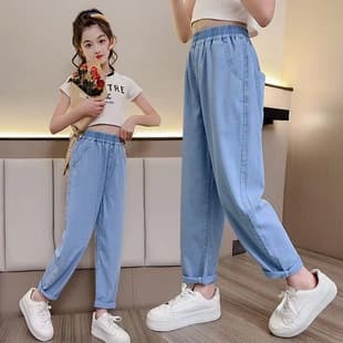 Girls Tencel Mom Jeans Summer 2024 New Children Fashionable Stylish Denim Pants for Older Kids Casual Trousers