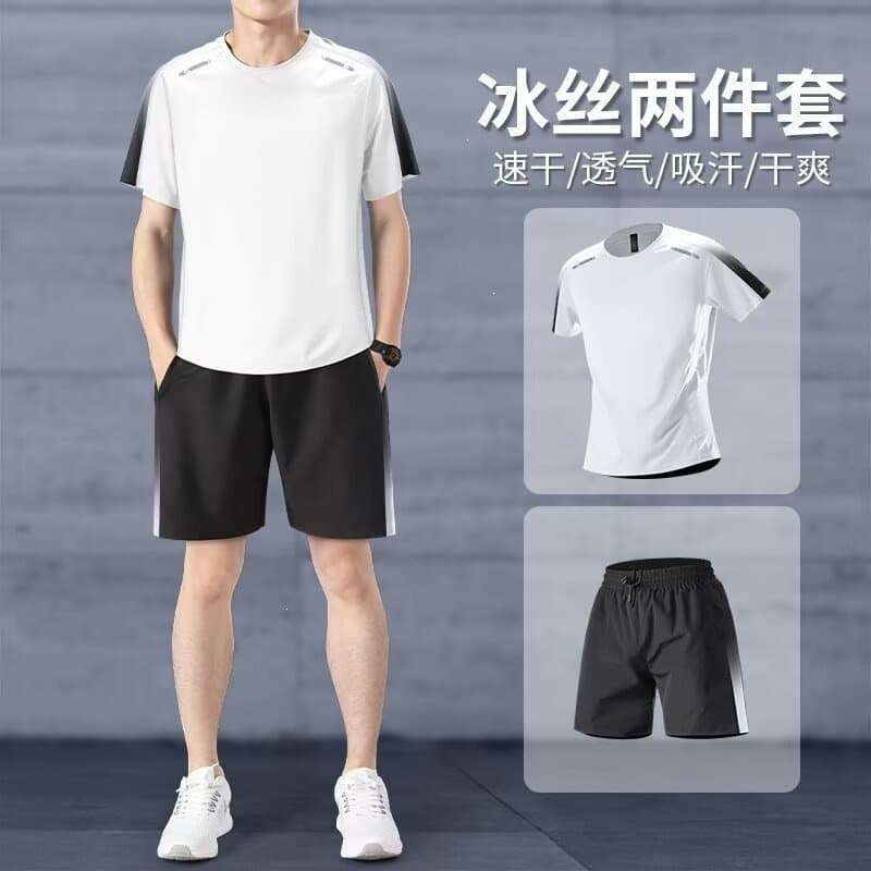 Men's Sports Suit, Running Gym Short Sleeve Quick-Dry Badminton Basketball Training Clothes, Lightweight Elastic Morning Run Wear