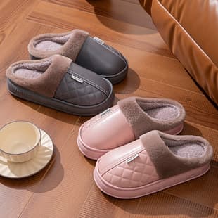 Elderly cotton slippers men winter PU waterproof home indoor anti-slip warm large size slippers women