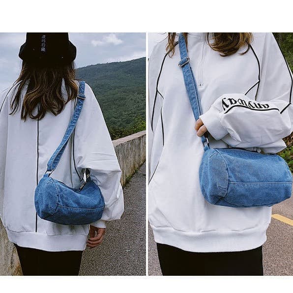 2025 new denim bag cylindrical crossbody bag literary student bag small bag canvas mobile phone bag postman bag