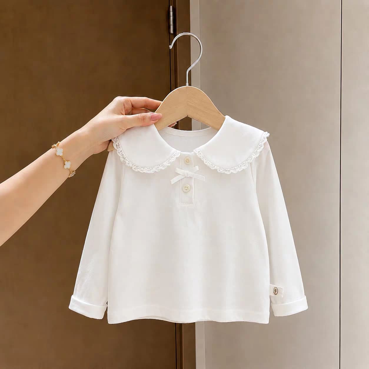 Spring/Autumn Girls' T-Shirt, Baby Fashion Kids' Trendy Lace Trim Ruffle Collar Bow Base Layer