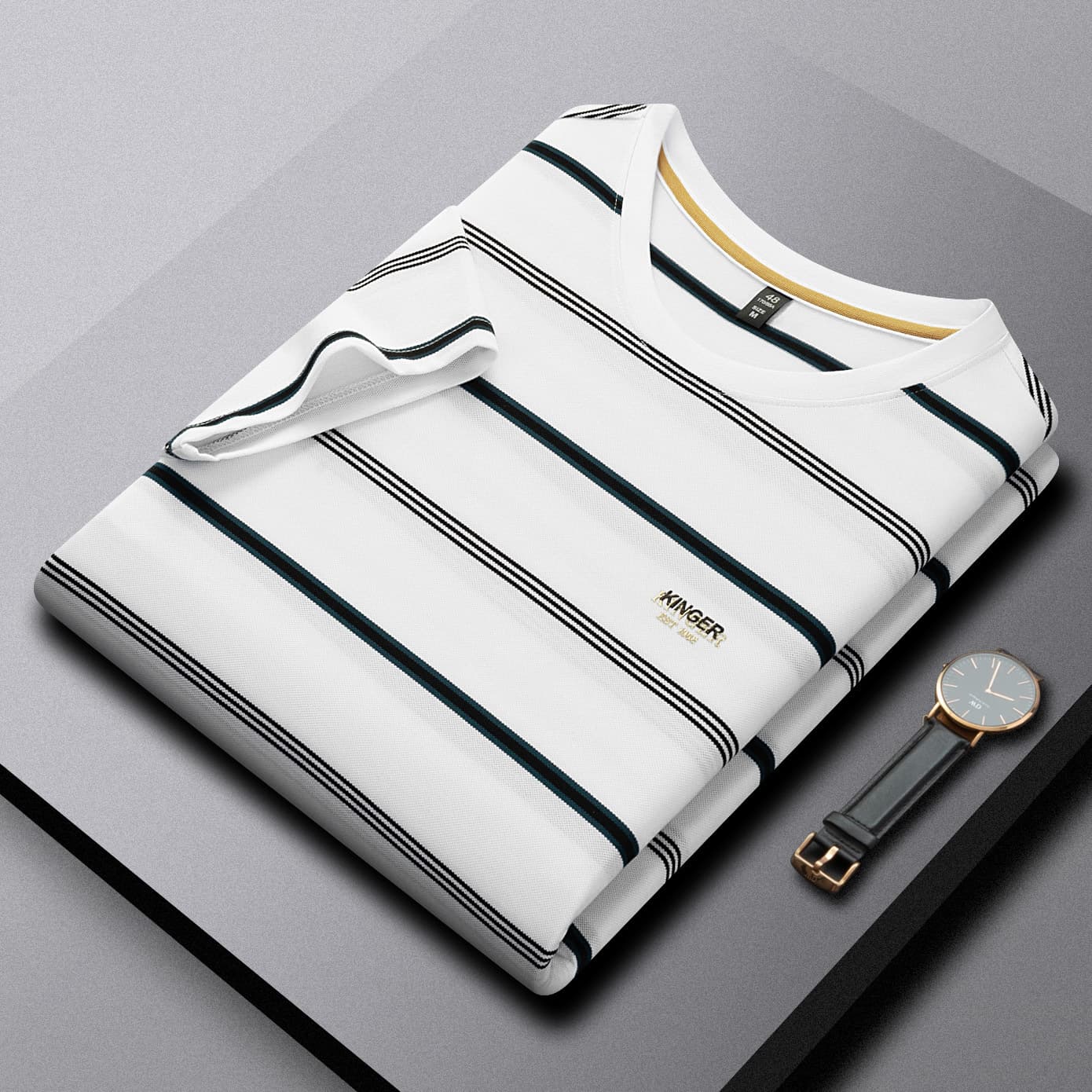 Men's Black and White Striped Round Neck T-Shirt, Short Sleeve Summer Premium Feel